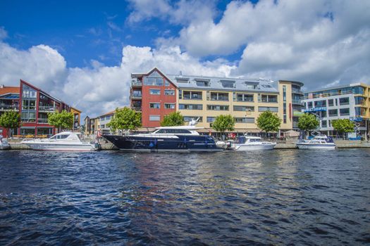 Wim Van der Valk Yachts Continental Yachts, built in the Netherlands, the ship has a German flag and is moored to the quay in the port of Halden, Norway.