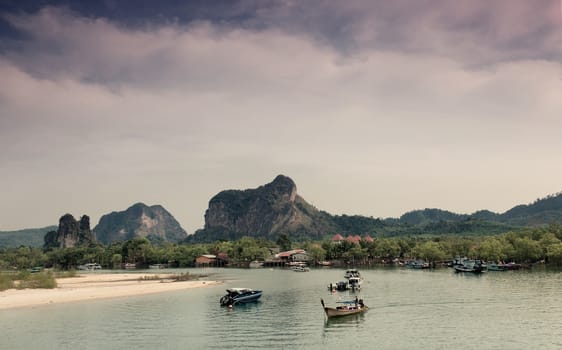 Boats in the gulf in tourist port, the province Krabi, Thailand