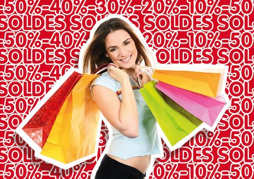 shopping woman in front of marketing and advertising message