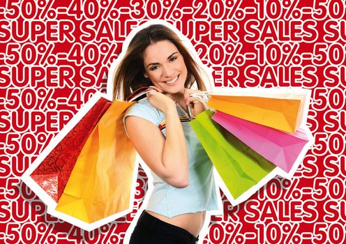 shopping woman in front of marketing and advertising message