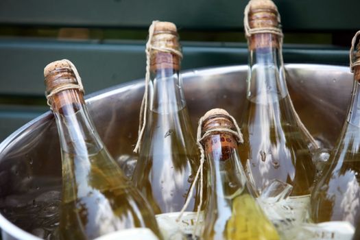 Several unopened bottles of champagne cooling in a large ice bucket at a catered event, closeup view