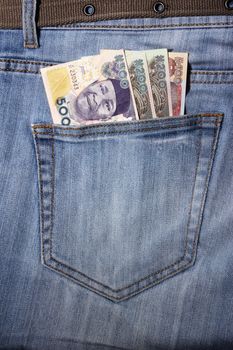 closeup of striped male jeans with nairas in a pocket