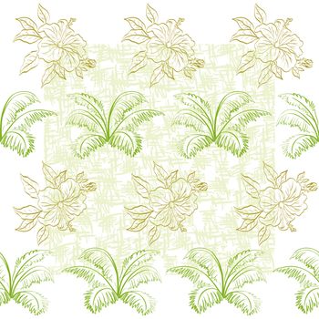 Seamless floral background, hibiscus flowers and leaves, contours.
