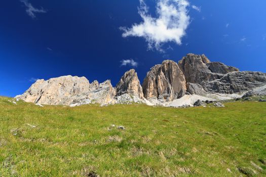 summer view of Sassopiatto and Sassolungo mount, Fassa Valley, Trentino, Italy
