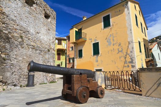 small square with an ancient cannon in Camogli, Italy