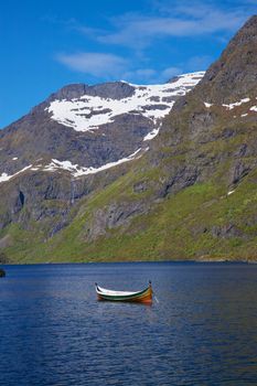 Scenic view of deep norwegian fjord with lone boat