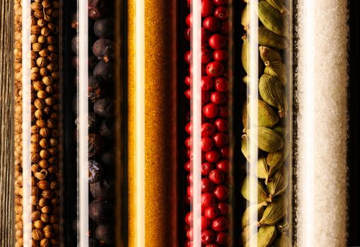 Spices in beakers close up