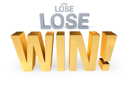 Sharp focus on triumphant, gold "WIN!" in front of a row of plain gray "LOSE"s blurring and receding into the distance. Isolated on white.