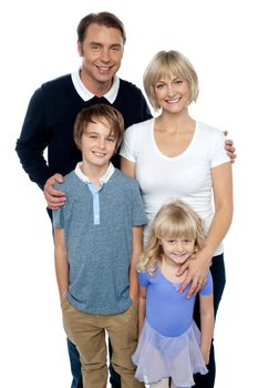 Happy family of four hugging on white background