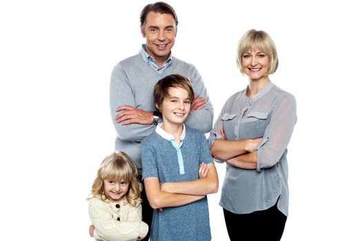 Portrait of young family on white background