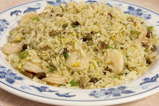 Chinese Yang Chow Fried Rice with Eggs Barbeque Pork and Shrimp Closeup