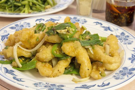 Deep Fried Battered Pepper Salted Fish Prawns with Hot Jalapeno Chili Peppers Onions and Green Chives
