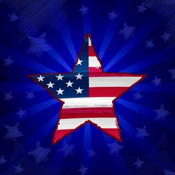 american flag in drawing star over blue rays with stars, usa independence