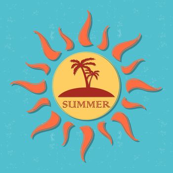 vintage label with text summer in drawn yellow sun with palms and orange rays over blue old paper background