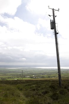 electric poles running through the Irish countryside from Knockanore hill in county Kerry