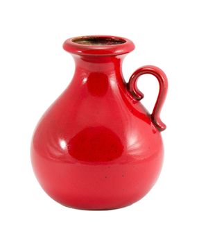 red retro ceramic round flower vase with handle and small hole isolated on white background.