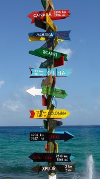 Direction sign in Xcaret near Playa del Carmen, Yucatan, Mexico
