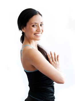 young brunette girl practising yoga isolated on white