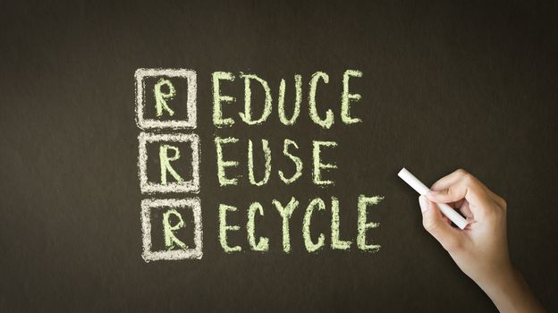 A person drawing and pointing at a  Reduce, Reuse, Recycle Chalk Drawing