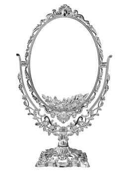 Antique baroque brass silver frame and mirror isolated on white background