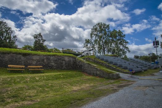 TV 2 Norway produces a popular program at Fredriksten fortress in Halden called for General singalong at the border, at Norwegian: Allsang p�� grensen. The program will be filmed every Wednesday with famous performers and audience and broadcast on television every Thursday. The photos are shot on Tuesday before recording and showing tribunes, stages, sound check and preparation.