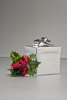 Silver present in Christmas setting with red green deco