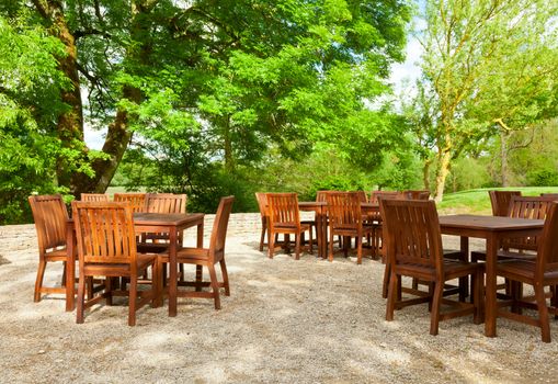 Tables and chairs of outdoor cafe in England