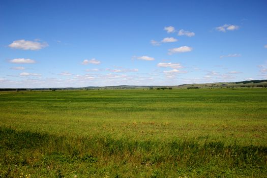 landscape with green meadows, sky and clouds