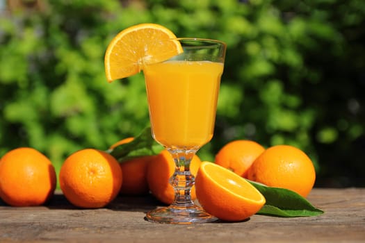 oranges scattered on the table and a glass of juice