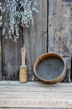 still life of an old wooden utensils and boards