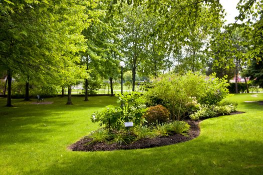 Lush landscaped grounds with garden in city park