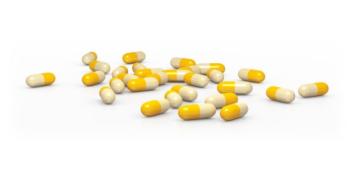 An image of some yellow pills on a white background