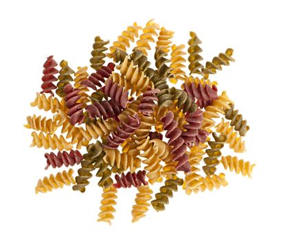Uncooked multicolored kamut pasta isolated on white background