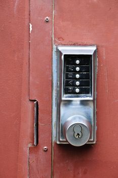 Metal door with push button security lock