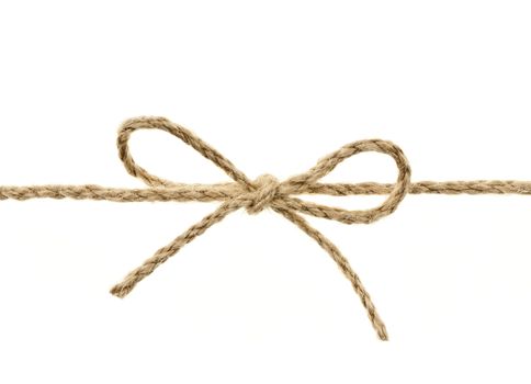 Closeup of braided twine tied in a bow knot isolated on white background