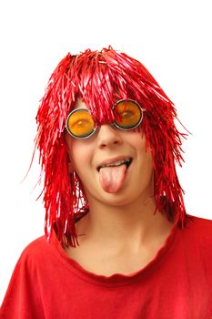 boy in party costume with tongue hanging out