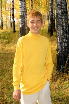 smiling boy stand in autumn forest