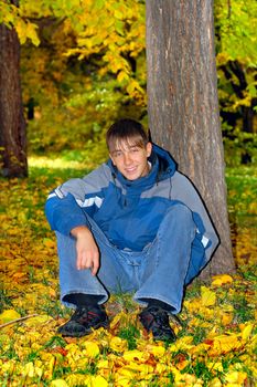 smiling teenager sitting in autumn park