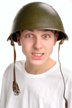 The teenager in a military helmet