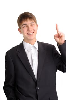 smiling pointing teenager with finger up