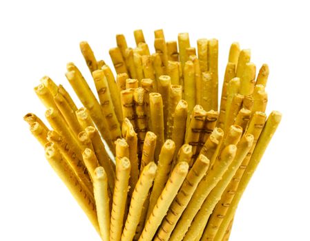 salty sticks snap to beer food closeup isolated on white background.