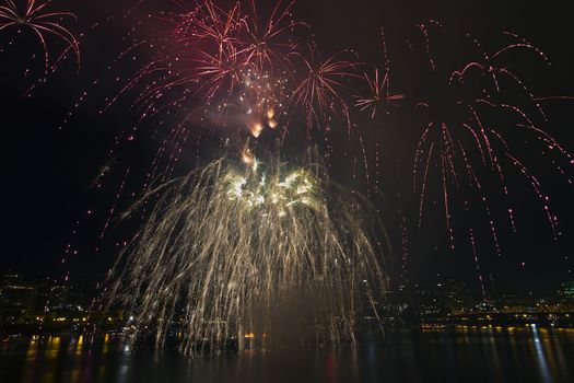 4th of July Independence Day 2013 Fireworks Display at Portland Oregon Downtown Waterfront Along Willamette River