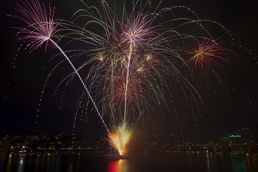 4th of July Independence Day 2013 Fireworks Display at Portland Oregon Downtown Waterfront From the Barge on Willamette River