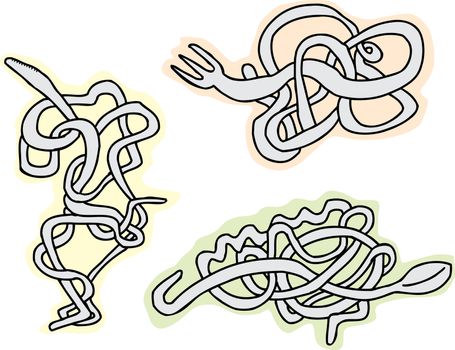 Abstract cartoons of eating utensils in noodle shapes