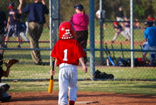 Little league batter walking to plate.