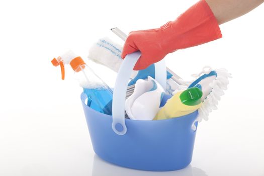 Plastic bucket with cleaning supplies on white background