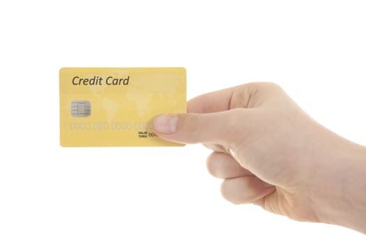 hand with credit card over white background