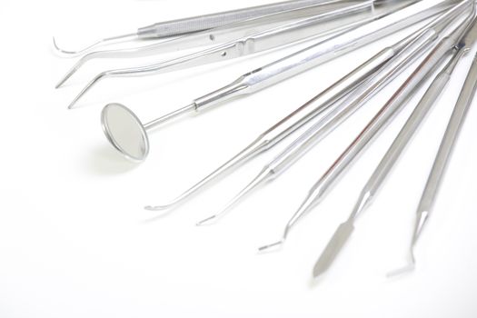 Set of metal medical equipment tools for teeth dental care