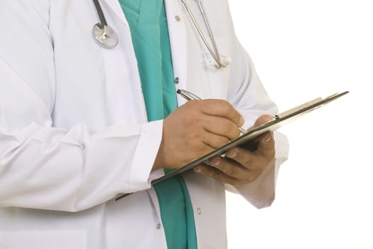 Image of a medical worker wearing uniform holding a clipboard with prescription