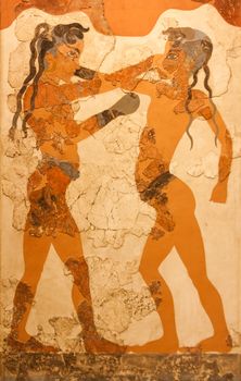 Fresco depicting two young boxers, which was uncovered in Akrotiri, in the island of Thira (Santorini), in Greece, dating to approximately 3500 BC.